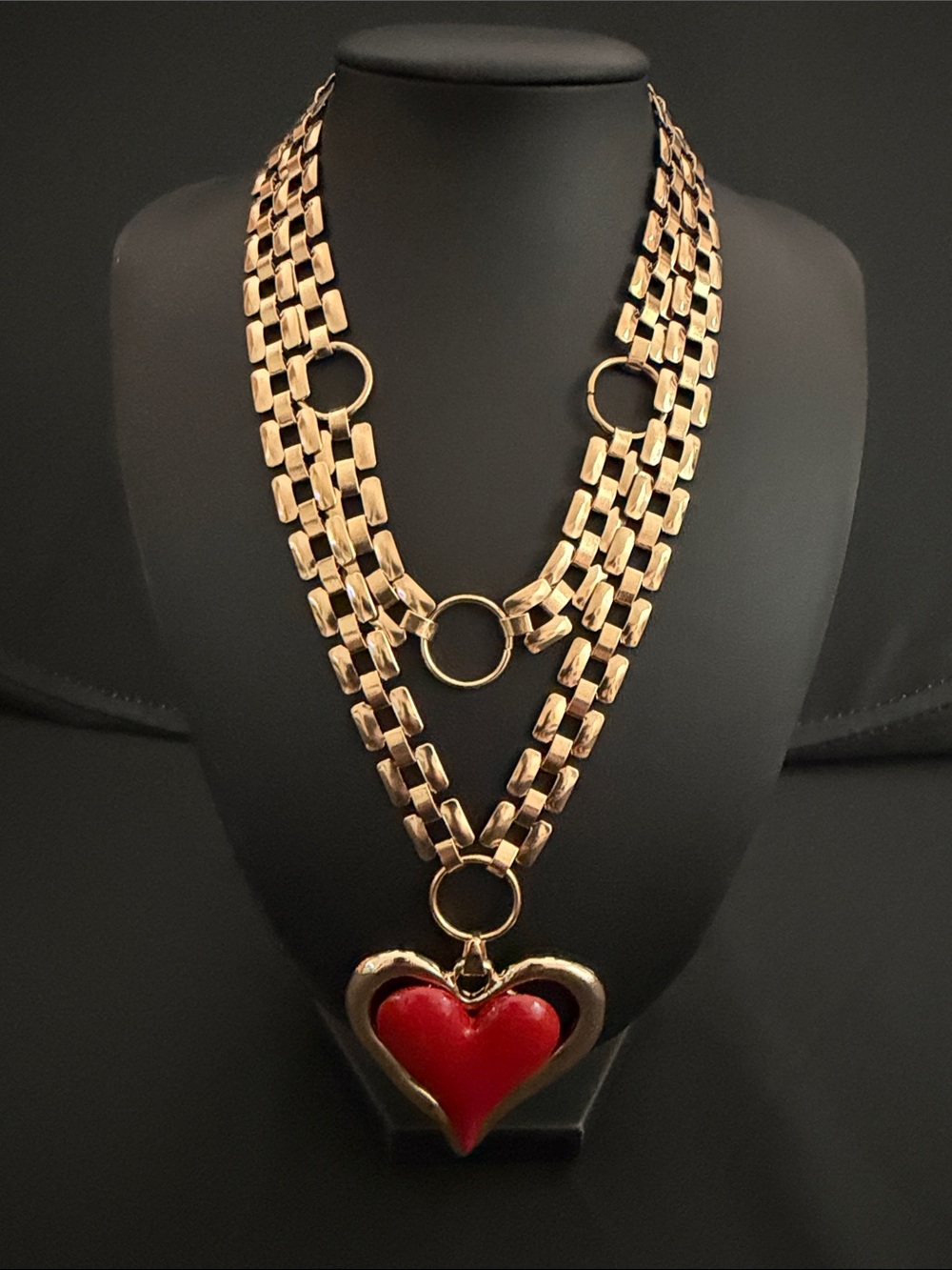 Gold-Tone Multi-Strand Heart Pendant Necklace - Red Heart